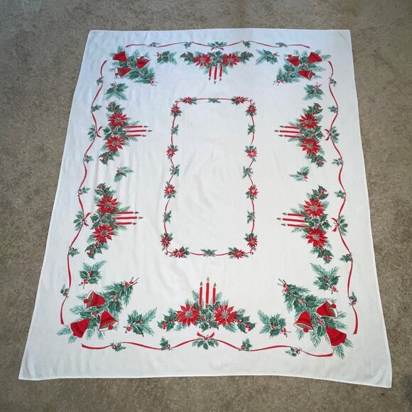 VTG Candelabra & Poinsettia Holiday Tablecloth 60s - Picture 1 of 7